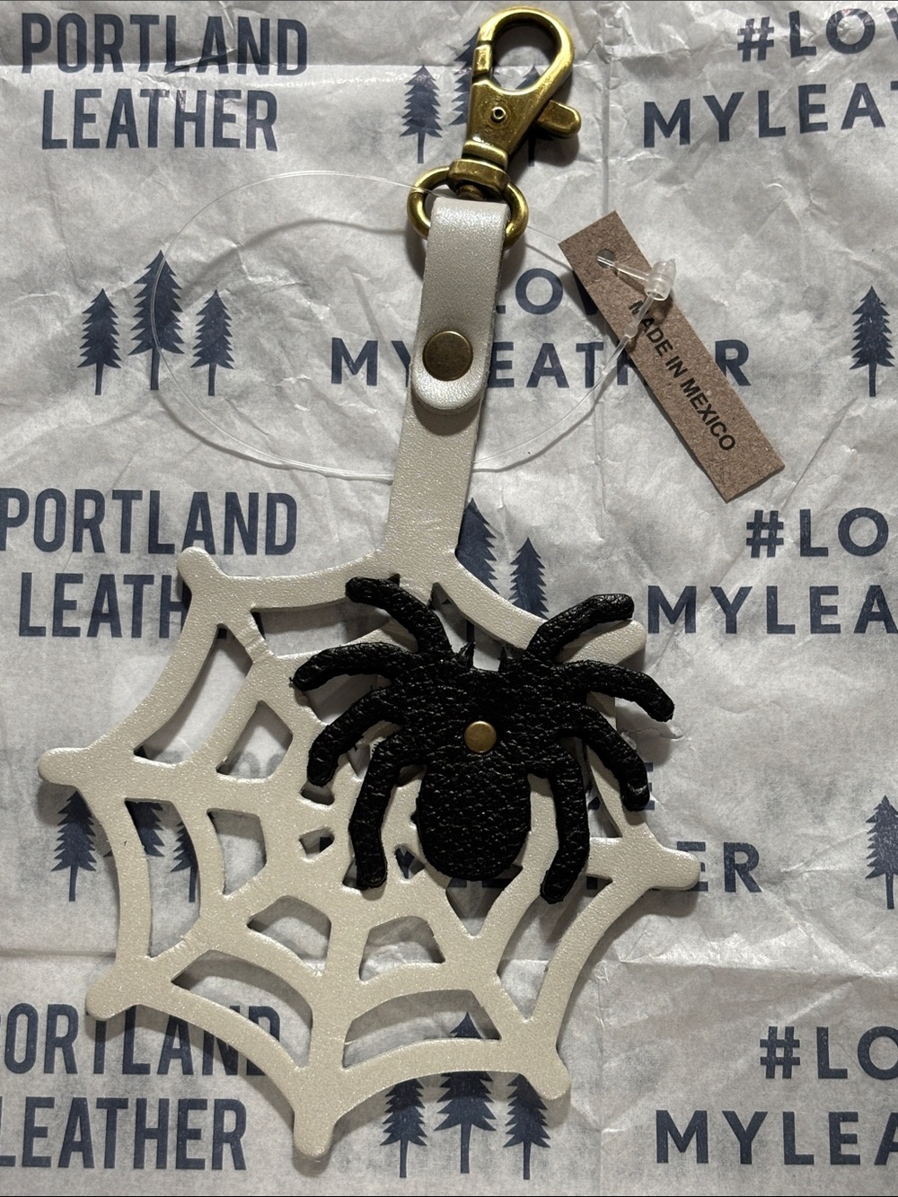 Portland Leather PLG White Web Keychain with Black Spider Accent